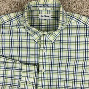 Paul Frederick Cotton Plaid Button Up Shirt Green Blue White Large Men Easy Care